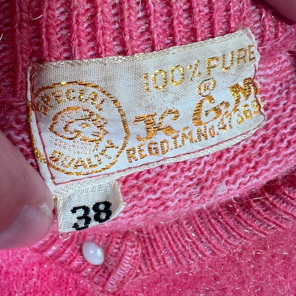 Vintage 1950s Angora Wool KGM Beaded Cardigan Sweater Pink 38 XS/Small - Picture 2 of 10